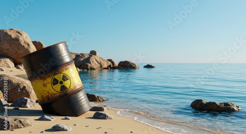 Radioactive waste barrel on sandy beach by ocean. Environmental pollution from nuclear elements and toxic waste. Ecological disaster concept. Banner for World Wildlife and Ecology Day.	
