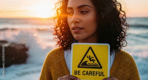 Woman holding be careful sign at sunset beach