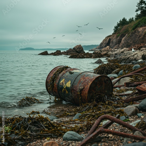 Radioactive waste barrel on beach by ocean. Environmental pollution from nuclear elements and toxic waste. Ecological disaster concept. Banner for World Wildlife and Ecology Day.	
