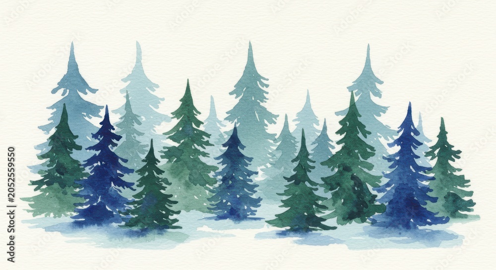Obraz premium Winter forest landscape with christmas trees and snow with copy space. Watercolor illustration with cozy holiday scene among trees for card template, print, poster, book, banner, flyer. 