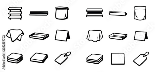 Household and cleaning design icons with cloth, tray and tag for web interface design in minimal outline style