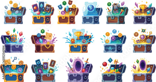 Konstfotografi Fantasy game treasure chests vector asset bundle featuring magic loot boxes with