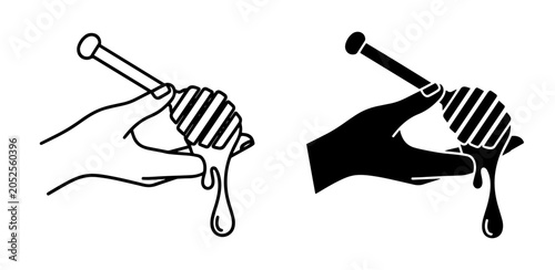 Photos Hand Holding Honey Dipper, Dripping Sweet Liquid, Vector Icons Set