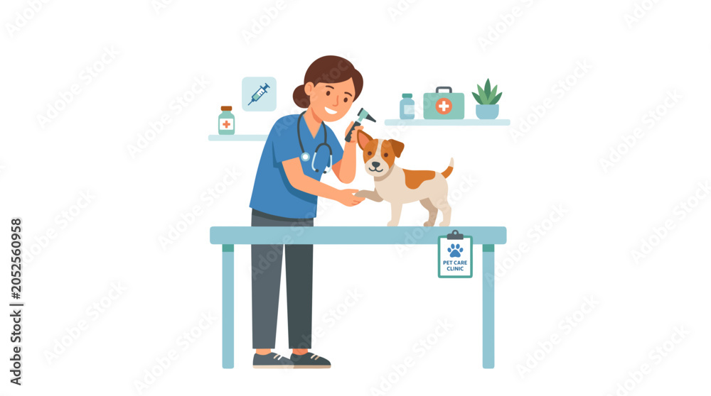 Fototapeta premium Veterinarian examining a small dog in a clinic, professional pet care and medical checkup concept