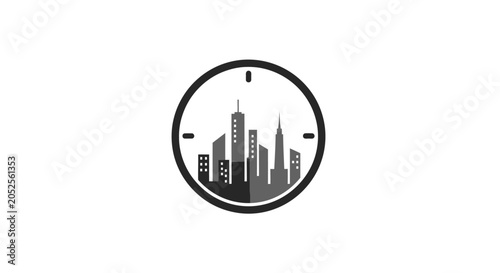 City skyline silhouette in circle frame.