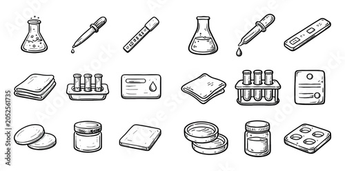 Laboratory and medical concept icons with flask, dropper and test tubes for presentation design in hand drawn outline style