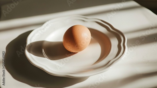 Brown egg on white plate soft light still life