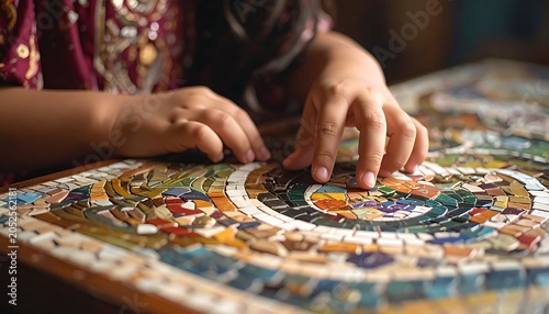 Young hands carefully arranging tiles on a vibrant mosaic artwork. Warm colors & shallow depth of field prevail