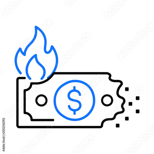 Decreasing purchasing power icon with burning money and inflation symbol