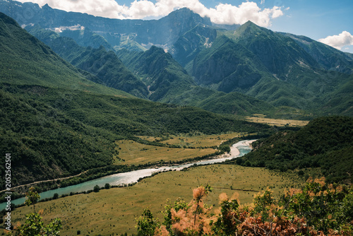 turquoise Vjosa river flowing through the dramatic Kelcyra Gorge canyon and rural valleys in southern Albania