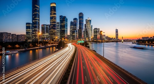 Traffic flowing across a bridge towards a city skyline at dusk