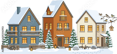 Schilderij op canvas Cozy winter town houses vector illustration with snow covered roofs glowing warm