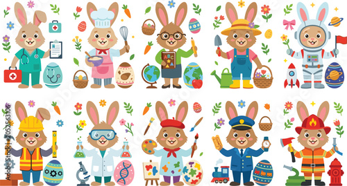 Foto Cute Easter bunny cartoon characters representing various professions vector set