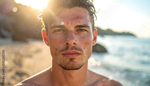 Young man's close-up portrait on a sunlit beach, showing face with skin imperfections, near the ocean