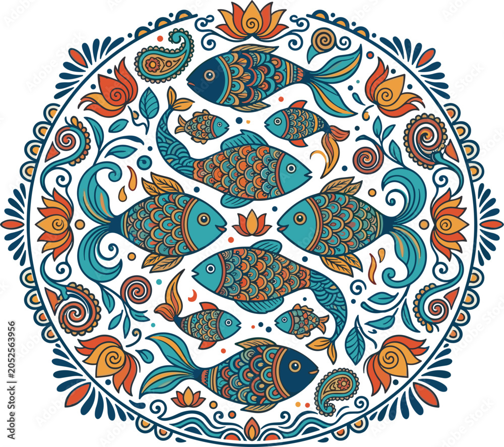 Fototapeta premium Traditional South Asian folk art fish mandala vector illustration with intricate circular border paisley motifs lotus flowers and water swirls