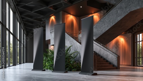 Three dark roll-up banners stand in a modern lobby with a concrete floor and wooden stairs for professional event setup