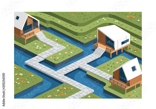 Modern minimalist houses on stilts connected by pathways over water and green landscape.