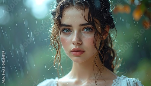 Young woman in rain, with braided hair, gazing forward, soft lighting, and serene expression