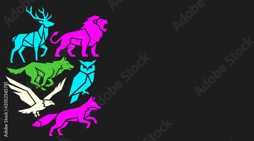 Photography Geometric animal set collection in vibrant colors on black background, graphic e