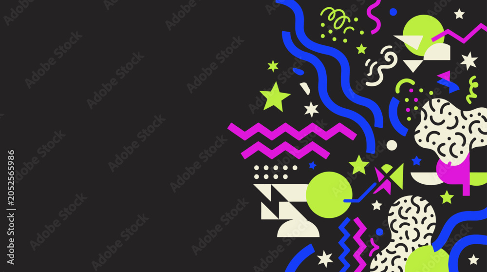 Fototapeta premium Abstract Memphis style graphic elements with confetti and shapes on dark background