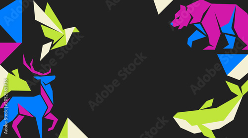 Photography Geometric Animal Set with Colorful Shapes on Dark Background