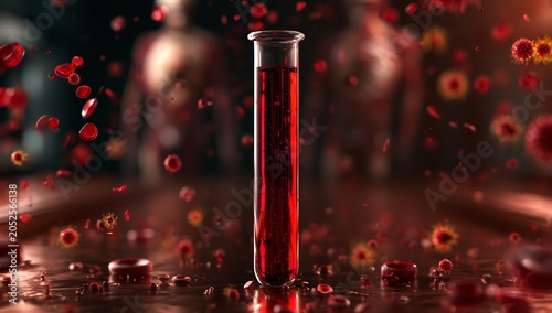Blood test tube standing vertically surrounded by floating erythrocytes and blurred anatomical figures in a dark medical laboratory