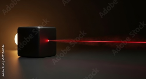 Matte black cube emitting a red laser beam through haze. Dark studio setup with warm backlight. Optical transmitter or sensor concept