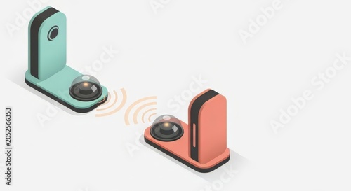 Isometric illustration of short range wireless communication. Mint green and coral pink smart devices transmitting signals. Data transfer concept