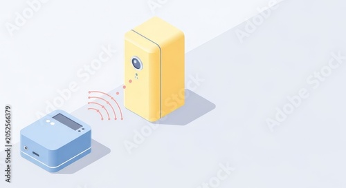 Isometric diagram of wireless data transmission. Blue transmitter sending signals to a yellow receiver device. IoT and smart technology concept