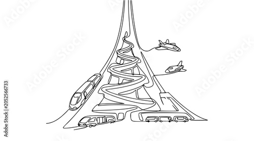 Obraz na plátne Futuristic transportation hub with high-speed trains, monorail, and aircraft, co