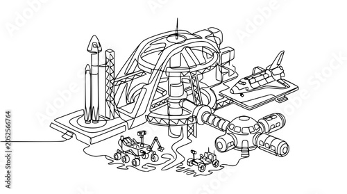 Foto Space Station Complex with Rockets, Shuttle, and Rovers - Line Art Illustration