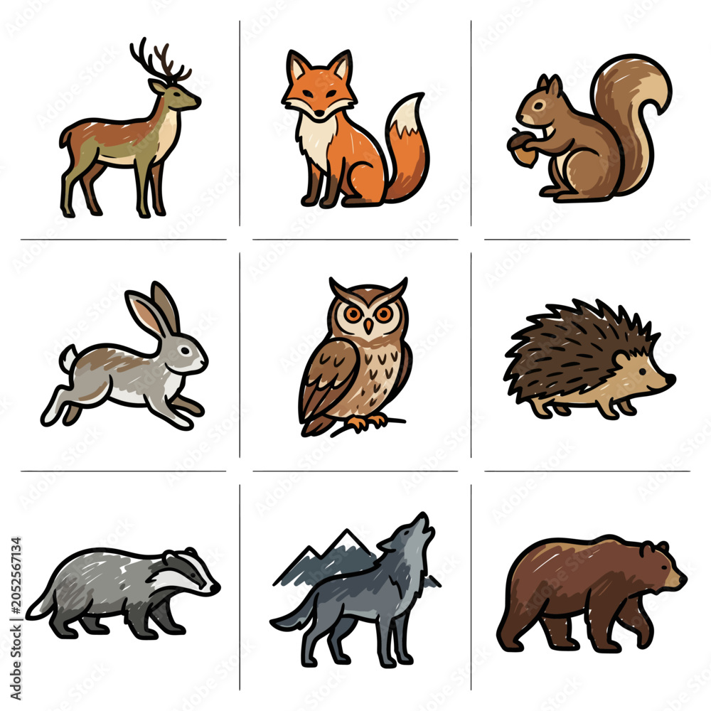 Fototapeta premium Woodland Forest Animal Collection Featuring Cute Hand-Drawn Wildlife Characters