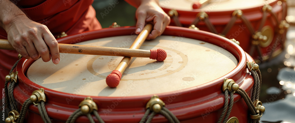 Obraz premium Drumsticks striking drum for dragon boat races, websites, and blogs