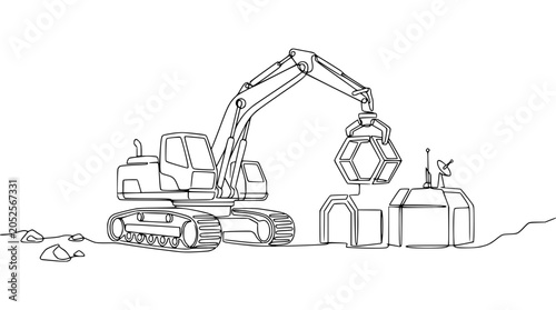 Fotografie Excavator constructing lunar base with hexagonal modules, one line drawing
