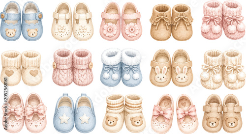 Photos Collection of decorative baby booties and infant shoes in pastel colors with bab