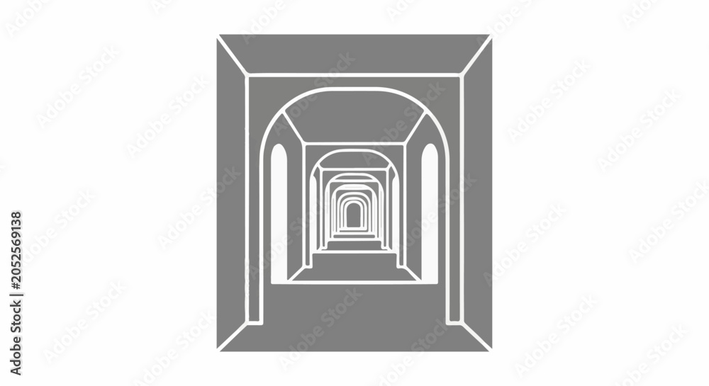 Fototapeta premium Stylized grey hallway with repeating arched openings receding into the distance