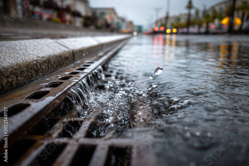 Stormwater flowing into street drain during rainfall demonstrating urban drainage systems, water management and weather resilience