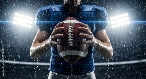 American football player holding ball under stadium lights in the rain