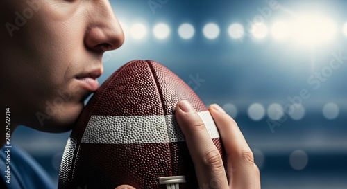 Close up of professional athlete holding American football in stadium