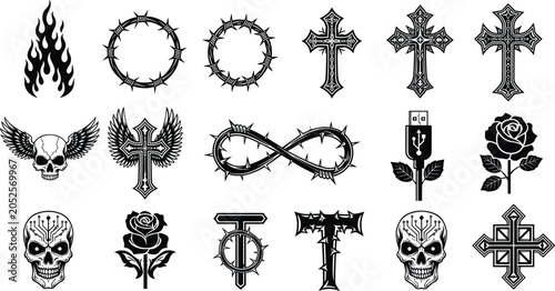 Canvas Print Gothic and tattoo symbol collection, skull and cross concept, flame and thorn de