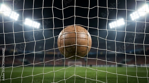 Vintage leather soccer ball trapped in white stadium goal net at night