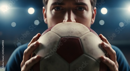 Young soccer player holding dirty ball in stadium under bright lights