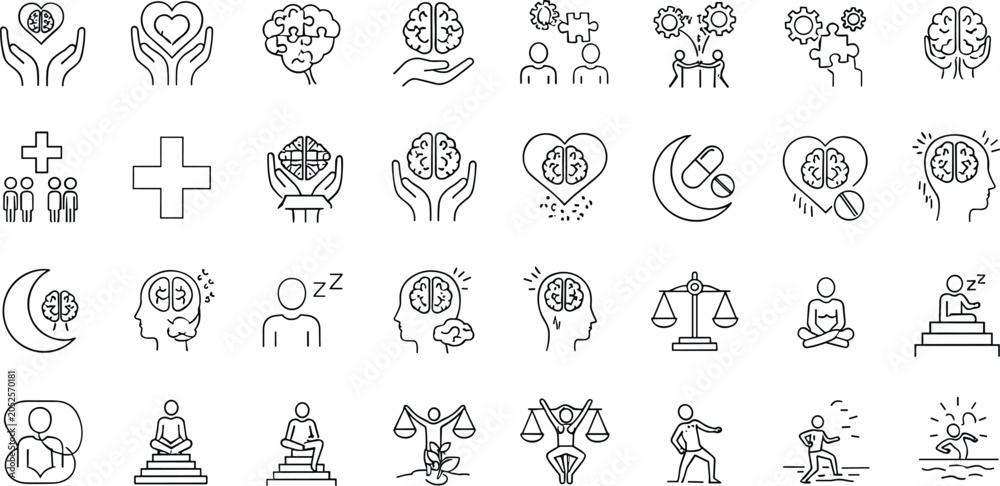 Obraz premium Mental health wellness silhouette flat vector illustration featuring mindfulness icons, brain heart care, meditation balance design art, black‑and‑white drawing