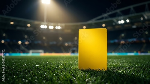 Single yellow penalty card standing vertically on soccer stadium grass