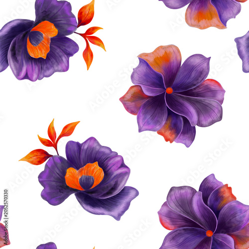 Purple flowers seamless pattern watercolor design with elegant violet blooms and orange accents. Decorative botanical background for fabric, wallpaper, wrapping paper and Halloween products.