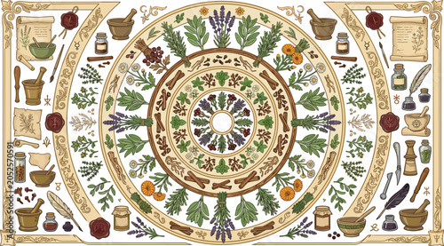 Quadro su tela Vintage apothecary herbal medicine mandala vector illustration with mortar pestl