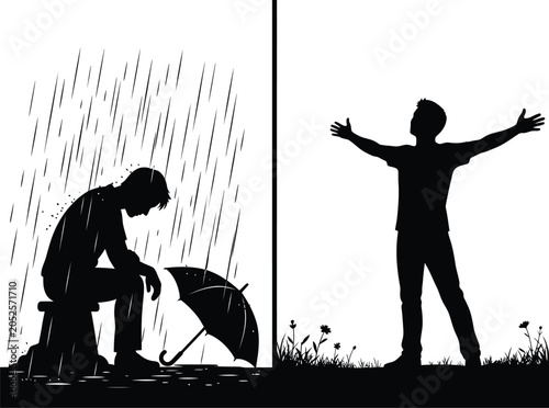 Bild auf Leinwand Sad man in rain and happy man in sun vector illustration