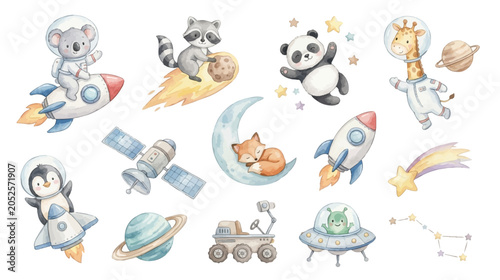 Photography Watercolor space nursery clipart set with cute astronaut animals, rockets and celestial elements in pastel colors