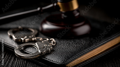 Handcuffs near judge gavel on black legal book, criminal justice court arrest trial and law enforcement concept