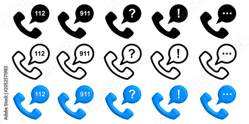 Set of phone call, emergency, and support icons, flat, outline, and 3D vector illustration